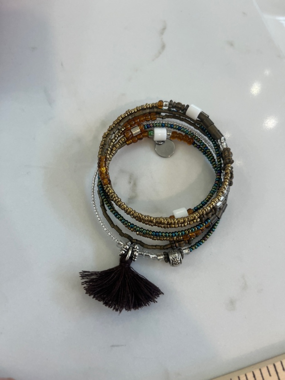 Beaded Multi-Tone Wrap Bracelet with Dark Brown Tassel